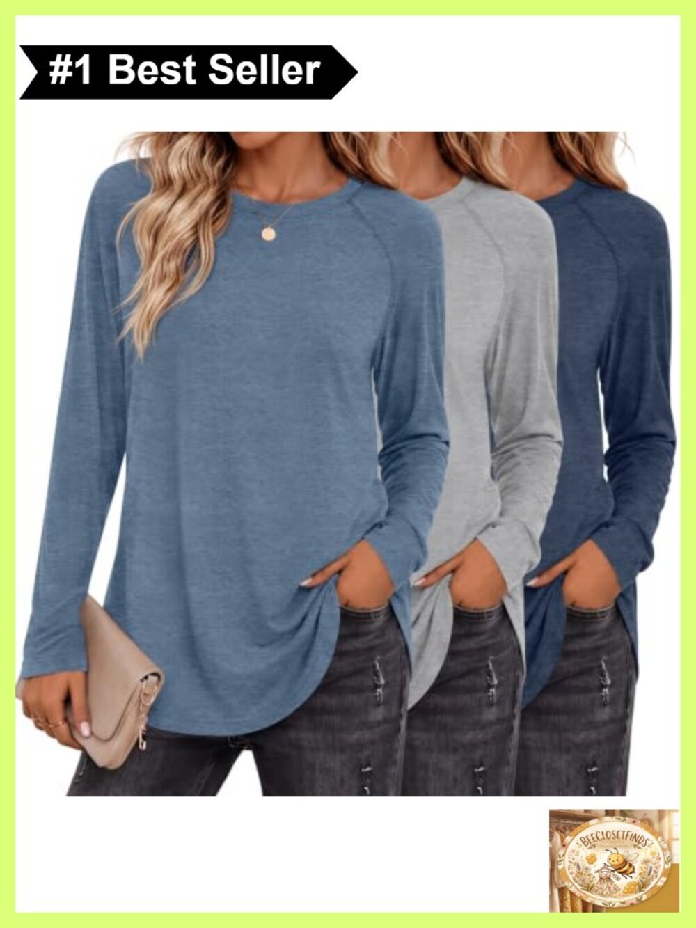 Raglan Long Sleeve Tunic Tops Crew Neck Shirts 3 Pack
